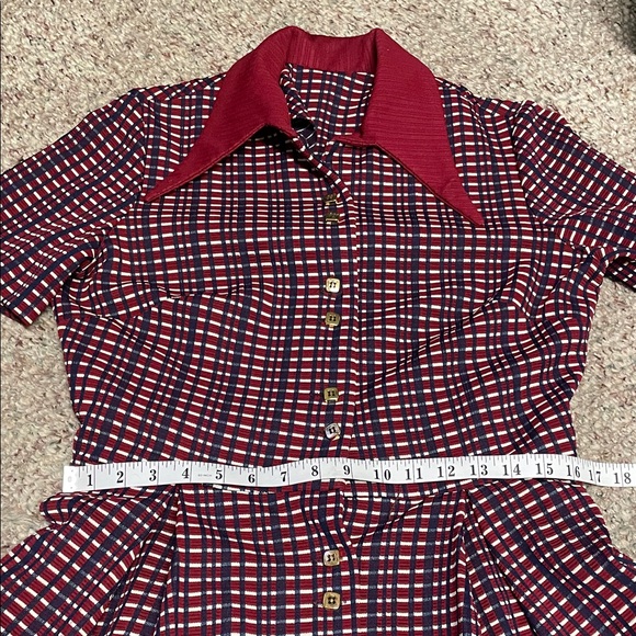Vintage 60s huge collared Red and Blue Checkered pleated button front dress - Picture 6 of 10